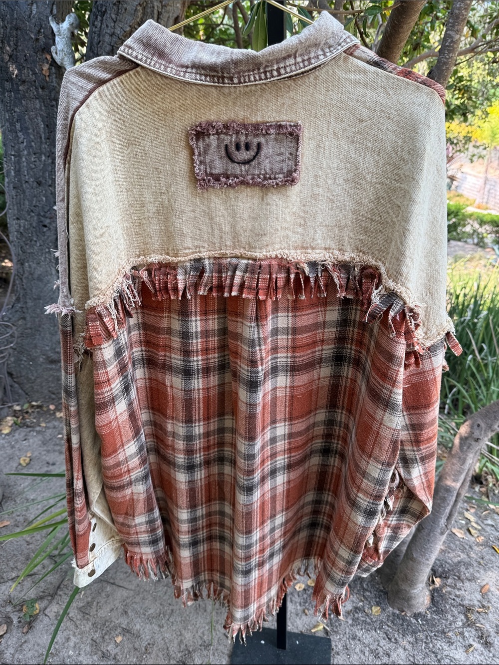 Oli & Hali Rust Plaid and Beige Patchwork Jean Jacket - Picture 2 of 2